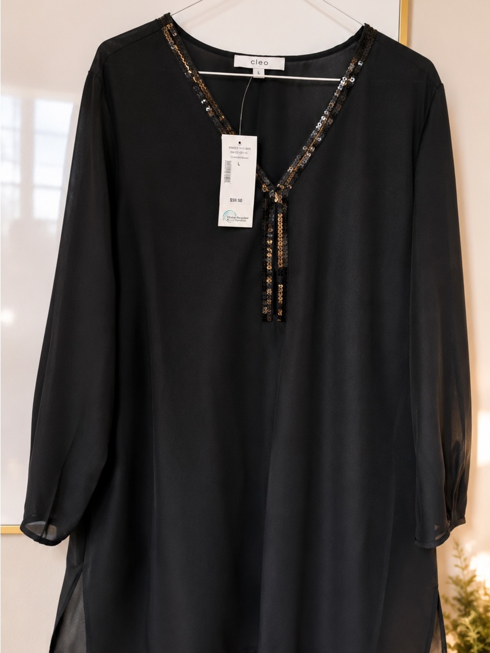 cleo Black V-Neck Tunic with Gold Sequin Trim